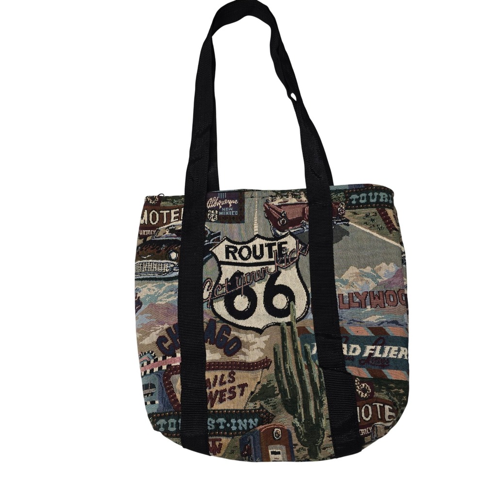 Vintage Route Tapestry Tote Bag  Road Trip Woven Shoulder Bag Large